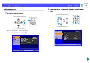 Page 3332
EMP-S1 User’s Guide Advanced Operation > Configuration Menus
Menu operation
A
Press the [Menu] button The top configuration menu is displayed.
B
Press the [u] or [d] buttons to select the Top Menu 
item.
Top MenuSub Menu 1 