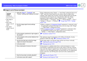 Page 4847
EMP-S1 User’s Guide Troubleshooting > When You Suspect a Problem
fImage is out of focus (unclear)
 The image is 
fuzzy
 Part of the 
image is out of 
focus
 The whole 
image is out of 
focus
 Have the Sync.
g, Tracking
g and 
Position settings been adjusted correctly?
If the configuration menu Image → Auto Setup setting has been set to 
OFF, press the [Auto] button on the remote control to adjust these 
settings. If the images have not been correctly adjusted after pressing the 
[Auto] button and...