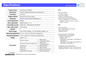 Page 6867
EMP-S1 User’s Guide
Specifications
Pixelworks ICs are used in this projector. Product nameLCD Projector EMP-S1
Safety
USA (100-120VAC)
UL1950 3
rd Edition
Canada (100-120VAC)
CSA C22.2 No.950-95 (cUL)
European Community (200-240VAC)
The Low Voltage Directive (73/23/EEC)
IEC60950 2nd Edition, +Amd.1, +Amd.2, 
+Amd.3, +Amd.4
EMC
USA (100-120VAC)
FCC 47CFR Part15B Class B (DoC)
Canada (100-120VAC)
ICES-003 Class B
European Community (200-240VAC)
The EMC Directive (89/336/EEC)
EN55022, 1998 Class B...