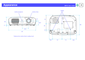 Page 6968
EMP-S1 User’s Guide
Appearance
3.4
56.4*
37087.5 8 106
* Distance from centre of lens to ceiling mountCentre of projector
Centre of lens
114
80
12265
45.5 127 115
82.5 3-M4
×8 