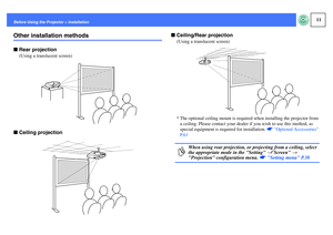 Page 1211
Before Using the Projector > InstallationOther installation methodsfRear projection
(Using a translucent screen)
fCeiling projectionfCeiling/Rear projection
(Using a translucent screen)
* The optional ceiling mount is required when installing the projector from 
a ceiling. Please contact your dealer if you wish to use this method, as 
special equipment is required for installation. sOptional Accessories 
P.61p
When using rear projection, or projecting from a ceiling, select 
the appropriate mode in...