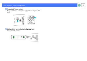 Page 2221
Basic Operation > Turning on the Projector
F
Press the [Power] button.The projector beeps and the power supply indicator begins to blink 
green.
G
Wait until the power indicator lights green.It takes about 40 seconds. 