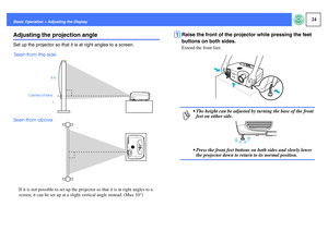 Page 2524
Basic Operation > Adjusting the DisplayAdjusting the projection angleSet up the projector so that it is at right angles to a screen.
If it is not possible to set up the projector so that it is at right angles to a 
screen, it can be set up at a slight vertical angle instead. (Max 10°)
A
Raise the front of the projector while pressing the feet 
buttons on both sides.Extend the front feet.
Seen from the side
Centre of lens
Seen from above
1 9.6
p
 The height can be adjusted by turning the base of the...