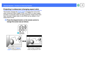 Page 3029
Advanced Operation > Functions for Enhancing ProjectionProjecting in widescreen (changing aspect ratio)This function changes the Aspect ratio
g of images from 4:3 to 16:9 
when component video images (YCbCr and YPbPr) or video images 
(S-Video or composite video) are being projected. Images which have 
been recorded in digital video or onto DVDs can be viewed in 16:9 
wide-screen format.
A
Press the [Aspect] button on the remote control to 
change the screen size as follows:
When images in Squeeze...