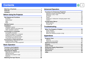 Page 43
ContentsMeaning of Symbols ........................................................................ 1
Features ............................................................................................ 2
Contents ........................................................................................... 3Before Using the ProjectorPart Names and Functions ............................................................. 4
Front/Top...