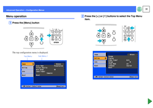 Page 3332
Advanced Operation > Configuration MenusMenu operation
A
Press the [Menu] button The top configuration menu is displayed.
B
Press the [u] or [d] buttons to select the Top Menu 
item.
Top MenuSub Menu 1 