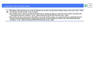 Page 4645
Troubleshooting > When You Suspect a Problem
p
 If problems with projection do occur, but the indicators do not show any abnormal conditions, please refer to the section When 
the indicators provide no help on the next page.
 If a condition occurs which is not listed in this table, please consult your dealer or contact the nearest address provided in the 
International Warranty Conditions in the Safety Instructions/World-Wide Warranty Terms guide.
 If you follow the above steps and are still unable...