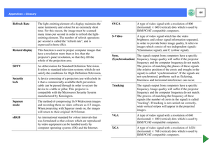 Page 6564
Appendices > Glossary
Refresh RateThe light-emitting element of a display maintains the 
same luminosity and colour for an extremely short 
time. For this reason, the image must be scanned 
many times per second in order to refresh the light-
emitting element. The number of refresh operations 
per second is called the refresh rate, and is 
expressed in hertz (Hz).
Resized displayThis function is used to project computer images that 
have a resolution more than or less than the 
projectors panel...