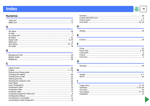 Page 7170
IndexNumerics
13w3 port  ............................................................................................................ 13
5BNC port  ........................................................................................................... 13
A
A/V Mute  ............................................................................................................. 28
Air filter...