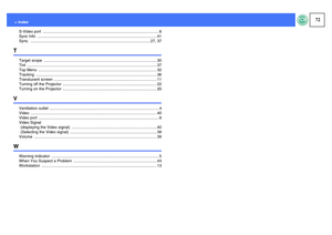Page 7372
 > Index
S-Video port  .......................................................................................................... 6
Sync Info  ............................................................................................................. 41
Sync. ............................................................................................................. 27, 37
T
Target scope  ....................................................................................................... 30
Tint...