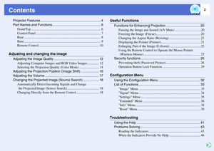 Page 32
Contents
Projector Features .................................................................. 4
Part Names and Functions ..................................................... 6
Front/Top .................................................................................... 6
Control Panel .............................................................................. 7
Rear ............................................................................................. 8
Base...