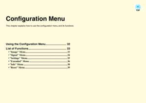 Page 32Configuration MenuThis chapter explains how to use the configuration menu and its functions.Using the Configuration Menu........................... 32
List of Functions ................................................. 33
 Image Menu.....................................................................33
 Signal Menu.....................................................................34
 Settings Menu ..................................................................35
 Extended Menu...