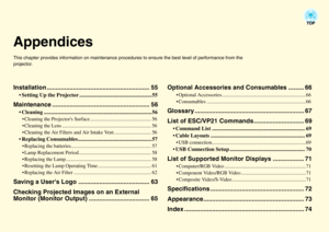 Page 55AppendicesThis chapter provides information on maintenance procedures to ensure the best level of performance from the 
projector.Installation ........................................................... 55
 Setting Up the Projector ..................................................... 55
Maintenance ........................................................ 56
 Cleaning ............................................................................... 56 Cleaning the Projectors Surface...
