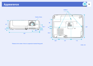 Page 7372
Appearance
Units: mm 3-M4×9
115 127 80
12
104.7
32783.750.1*
7.7 87Centre of lens
69.7 12
*Distance from center of lens to suspension bracket fixing point247 