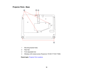 Page 18

Projector
Parts-Base
 1
 Mounting
bracketholes
 2
 Rear
feet
 3
 Front
adjustable foot
 4
 Wireless
LANmodule screw(PowerLite 1761W/1771W/1776W)
 Parent
topic:Projector PartLocations
 18  