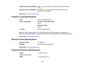 Page 155

USB
Type Bport compatibility
 USB
1.1and 2.0compliant forUSB display orexternal mouse
 control

USB
Type Aport compatibility
 One
USB 1.1and 2.0compliant portforUSB device inputor
 document
cameradisplay
 Parent
topic:Technical Specifications
 Projector
LampSpecifications
 Type
 UHE
(Ultra HighEfficiency)
 Power
consumption
 PowerLite
1750/1770W/1775W :
 230
W
 PowerLite
1760W:
 205
W
 Lamp
life
 Up
toabout 4000hours
 Note:
Turnoffthis product whennotinuse toprolong thelifeofthe projector. Lamplifewill...