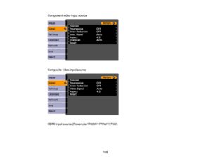 Page 110

Component
videoinputsource
 Composite
videoinputsource
 HDMI
inputsource (PowerLite 1760W/1770W/1775W)
 110 