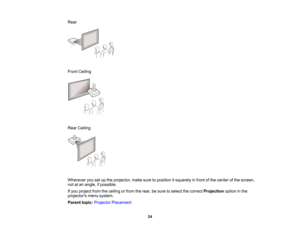 Page 24
Rear
FrontCeiling
RearCeiling
Whereveryousetuptheprojector,makesuretopositionitsquarelyinfrontofthecenterofthescreen,
notatanangle,ifpossible.
Ifyouprojectfromtheceilingorfromtherear,besuretoselectthecorrectProjectionoptioninthe
projectorsmenusystem.
Parenttopic:ProjectorPlacement
24 