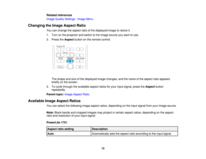 Page 72

Related
references
 Image
Quality Settings -Image Menu
 Changing
theImage Aspect Ratio
 You
canchange theaspect ratioofthe displayed imagetoresize it.
 1.
Turn onthe projector andswitch tothe image source youwant touse.
 2.
Press theAspect buttononthe remote control.
 The
shape andsize ofthe displayed imagechanges, andthename ofthe aspect ratioappears
 briefly
onthe screen.
 3.
Tocycle through theavailable aspectratiosforyour input signal, presstheAspect button
 repeatedly.

Parent
topic:Image Aspect...