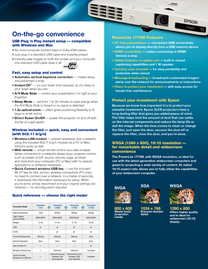 Page 3On-\fhe-go convenience  
USB Plug ‘n Play in\m\btant \betup — \fompat\mible 
with Window\b and Ma\m\f
• No more computer function keys or bulky \bGA cables
• Just plug in a standard USB cable and instantly project
• Instantly view images on both the screen and your computer;    
  one standard USB cable does it all!
Fa\bt, ea\by \betup and\m \fontrol
• Au\foma\fic ver\fical keys\fone correc\fion — makes setup    
 and placement a snap
• Ins\fan\f Off 
® — no cool down time required, so it’s ready to...