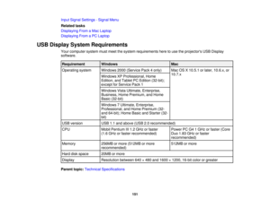 Page 151

Input
Signal Settings -Signal Menu
 Related
tasks
 Displaying
FromaMac Laptop
 Displaying
FromaPC Laptop
 USB
Display System Requirements
 Your
computer systemmustmeet thesystem requirements heretouse theprojectors USBDisplay
 software.

Requirement
 Windows
 Mac

Operating
system
 Windows
2000(Service Pack4only)
 Mac
OSX10.5.1 orlater, 10.6.x, or
 10.7.x

Windows
XPProfessional, Home
 Edition,
andTablet PCEdition (32-bit);
 except
forService Pack1
 Windows
VistaUltimate, Enterprise,
 Business,...