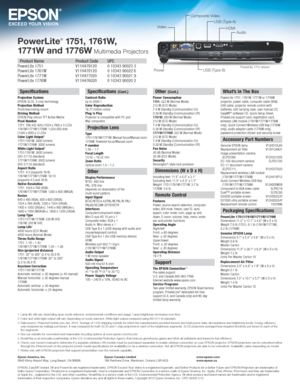 Page 4PowerLite® 1751,  1761W,   
17 71W  a n d  17 76 W
 Multimedia Projectors
EPSON, EasyMP, Instant Off and PowerLite are registered trademarks, EPSON Exceed Your Vision is a registered logomark, and Better Products for a Better Future and EPSON iProjection are trademarks of 
Seiko Epson Corporation. PrivateLine is a registered trademark, Duet is a trademark and EPSON Connection is a service mark\
 of Epson America, Inc. Apple, iPad, iPhone, iPod touch and Mac are trademarks 
of Apple Inc., registered in...