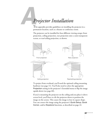 Page 8787
A
Projector Installation
This appendix provides guidelines on installing the projector in a 
permanent location, such as a theater or conference room.
The projector can be installed for four different viewing setups: front 
projection, ceiling projection, rear projection onto a semi-transparent 
screen, or rear/ceiling projection, as shown: 
To project from overhead, you’ll need the optional ceiling mounting 
hardware (see page 11). You’ll also need to select the appropriate 
Projection setting in the...