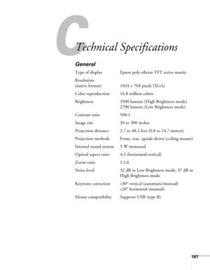 Page 187187
A
Technical Specifications
General
Type of display Epson poly-silicon TFT active matrix
Resolution
(native format) 1024 × 768 pixels (XGA)
Color reproduction 16.8 million colors
Brightness 3500 lumens (High Brightness mode)
2700 lumens (Low Brightness mode)
Contrast ratio 500:1
Image size 30 to 300 inches
Projection distance 2.7 to 48.2 feet (0.8 to 14.7 meters)
Projection methods Front, rear, upside-down (ceiling mount)
Internal sound system 5 W monaural
Optical aspect ratio 4:3...