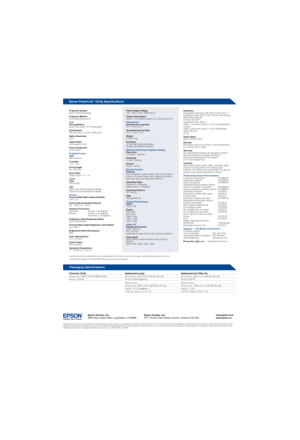 Page 2PowerLite 1815p Dimensions  19.8 x  14.4 x 9 (W x D x H)We ight  13.9 lb
Replacement LampDimensions  6.3 x 5.5 x 5.6 (W x D x H)Weight  0.8 lb (approx.)
Master Carton   Dimensions  28.4 x 13.1 x 6.8 (W x D x H)Weight  10.1 lb (approx.)Units per master carton  10
Replacement Air Filter SetDimensions  3.9 x 1.1 x 4.9 (W x D x H)Weight  0.07 lb
Master Carton   Dimensions  12.6 x 5.1 x 4.3 (W x D x H)Weight  1.1 lbUnits Per Master Carton  10 
Packaging Speci cations
Projection System
Epson 3LCD technology...