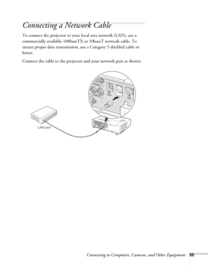 Page 55Connecting to Computers, Cameras, and Other Equipment55
Connecting a Network Cable
To connect the projector to your local area network (LAN), use a 
commercially available 100baseTX or 10baseT network cable. To 
ensure proper data transmission, use a Category 5 shielded cable or 
better.
Connect the cable to the projector and your network port as shown:
LAN port 