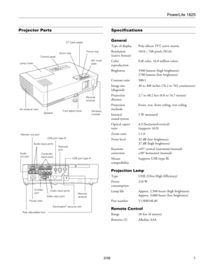 Page 1PowerLite 1825
2/08 1
Projector PartsSpecifications
General
Type of display Poly-silicon TFT active matrix
Resolution 1024 
× 768 pixels (XGA)
(native format)
Color  Full color, 16.8 million colors
reproduction
Brightness  3500 lumens (high brightness)
2700 lumens (low brightness)
Contrast ratio 500:1
Image size 30 to 300 inches (76.2 to 762 centimeters)
(diagonal)
Projection  2.7 to 48.2 feet (0.8 to 14.7 meters)
distance
Projection  Front, rear, front ceiling, rear ceiling
methods
Internal  5 W...