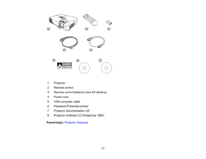 Page 11

1
 Projector

2
 Remote
control
 3
 Remote
controlbatteries (twoAAalkaline)
 4
 Power
cord
 5
 VGA
computer cable
 6
 Password
Protectedsticker
 7
 Projector
documentation CD
 8
 Projector
softwareCD(PowerLite 1880)
 Parent
topic:Projector Features
 11  