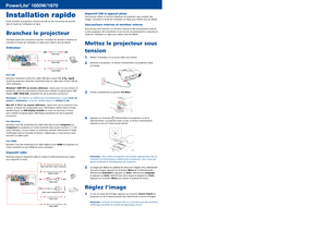 Page 3
Installation rapide
Avant d’utiliser le projecteur, assurez-vous de lire les instructions de sécurité 
dans le Guide de l’utilisateur en ligne.
Branchez le projecteur
Choisissez parmi les connexions suivantes. Consultez les sections ci-dessous ou 
consultez le Guide de l’utilisateur en ligne pour obtenir plus de détails.
Ordinateur
Câble VGA 
Câble USB 
Câble HDMI 
Port USB
Branchez l’extrémité carrée d’un câble USB dans le port USB   TypeB 
(carré) du projecteur. Branchez l’extrémité plate du câble...