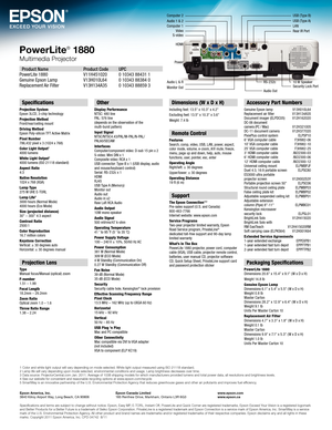 Page 6HDMI
Power
Audio 1 & 2
Computer 2USB (Type B)
RS-232c10 W SpeakerSecurity Lock Port
USB (Type A)LANRear IR Port
Audio Out
Audio L & R
Monitor Out
S-videoVideoComputer 1
Specifications
Projection System Epson 3LCD, 3-chip technologyProjection Method Front/rear/ceiling mountDriving Method Epson Poly-silicon TFT Active MatrixPixel Number 786,432 pixel x 3 (1024 x 768)Color Light Output1 4000 lumensWhite Light Output1 4000 lumens (ISO 21118 standard)Aspect Ratio 4:3Native Resolution 1024 x 768 (XGA)Lamp Type...