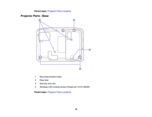 Page 18

Parent
topic:Projector PartsLocations
 Projector
Parts-Base
 1
 Mounting
bracketholes
 2
 Rear
feet
 3
 Security
lockslot
 4
 Wireless
LANmodule screw(PowerLite 1915/1925W)
 Parent
topic:Projector PartsLocations
 18  