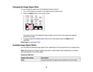 Page 92

Changing
theImage Aspect Ratio
 You
canchange theaspect ratioofthe displayed imagetoresize it.
 1.
Turn onthe projector andswitch tothe image source youwant touse.
 2.
Press theAspect buttononthe remote control.
 The
shape andsize ofthe displayed imagechanges, andthename ofthe aspect ratioappears
 briefly
onthe screen.
 3.
Tocycle through theavailable aspectratiosforyour input signal, presstheAspect button
 repeatedly.

Parent
topic:Image Aspect Ratio
 Available
ImageAspect Ratios
 You
canselect...