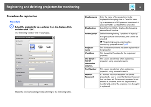 Page 12Registering and deleting projectors for monitoring
12
Procedures for registration
ProcedureA
Select the projector to be registered from the displayed list, 
and then click "Edit".
The following window will be displayed.
Make the necessary settings while referring to the following table.
Display nameEnter the name of the projector(s) to be 
displayed in Grouping view or Detail list view.
Up to a maximum of 32 bytes can be entered. A 
space cannot be used as the first character.
Display iconSelect...