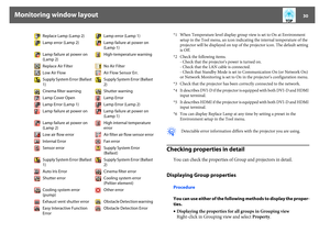 Page 30Monitoring window layout
30
*1 When Temperature level display group view is set to On at Environment 
setup in the Tool menu, an icon indicating the internal temperature of the 
projector will be displayed on top of the projector icon. The default setting 
is Off.
*2 Check the following items.
- Check that the projector's power is turned on.
- Check that the LAN cable is connected.
- Check that Standby Mode is set to Communication On (or Network On) 
or Network Monitoring is set to On in the...