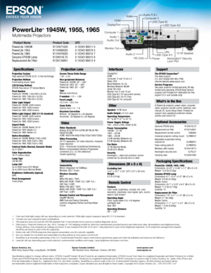 Page 6Specifications subject to change without notice. EPSON, EasyMP, Instant Off and PowerLite are registered trademarks, EPSON Exceed Your Vision is a registered logomark and Better Products for a Better 
Future and EPSON iProjection are trademarks of Seiko Epson Corporation. PrivateLine is a registered trademark and EPSON Connection is a service mark of Epson America, In\
c. Apple, iPad, iPhone and 
iPod are trademarks of Apple Inc., registered in the U.S. and other countries. SmartWay is a service mark of...