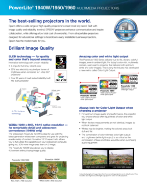 Page 2PowerLite® 1940W/1950/1960 MULTIMEDIA PROJECTORS
The	best-selling	projectors	in	the	world.
Epson offers a wide range of high-quality projectors to meet most any need. Built with 
image quality and reliability in mind, EPSON
® projectors enhance communication and inspire 
collaboration, while offering a low total cost of ownership. From ultraportable projectors  
designed for educational settings to boardroom-ready installable business projectors,  
Epson has the model made for you.
WXGA (1280 x 800),...