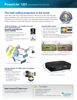 Page 2PowerLite
®
 1221 MULTIMEDIA PROJECTOR
For more information on Epson’s environmental  
programs, go to eco.epson.com
The best-selling projectors in the world.
Epson offers a wide range of high-quality projectors to meet almost any need. Built with image 
quality and reliability in mind, Epson projectors enhance communication and inspire collaboration, 
while offering a low total cost of ownership. From ultraportable projectors designed for educational 
settings to boardroom-ready business projectors,...