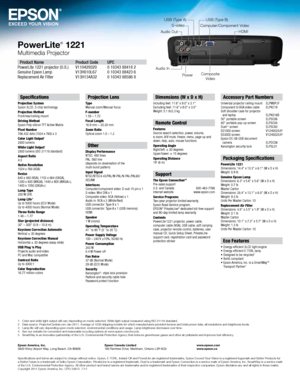 Page 4Specifications and terms are subject to change without notice. Epson, E-TORL, Instant Off and PowerLite are registered trademarks, Epson Exceed Your Vision is a registered logomark and Better Products for 
a Better Future is a trademark of Seiko Epson Corporation. PrivateLine is a registered trademark, Duet is a trademark and Epson Connection is a service mark\
 of Epson America, Inc. SmartWay is a service mark 
of the U.S. Environmental Protection Agency. All other product and brand names are trademarks...