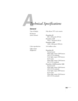 Page 105105
A
Technical Specifications
General
Type of display Poly-silicon TFT active matrix
Resolution
(native format)PowerLite S9 
800 × 600 pixels (SVGA)
PowerLite 1220
1024 × 768 pixels (XGA)
PowerLite 1260
1280 × 800 pixels (WXGA)
Color reproduction 16.8 million colors
Light output
(brightness)PowerLite S9
Normal mode:
White light output 2500 lumens
(ISO 21118 standard)
Color light output 2500 lumens
ECO mode:
White light output 1960 lumens 
ISO 21118 standard)
PowerLite 1220/PowerLite 1260
Normal mode:...