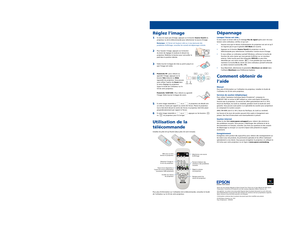 Page 4Installation rapide
Avant d’utiliser le projecteur, assurez-vous de lire les instructions de sécurité 
dans le Guide de l’utilisateur sur le CD de votre projecteur.
Branchez le projecteur
Choisissez parmi les connexions suivantes :
Port USB de l’ordinateur
Branchez un ordinateur en utilisant un câble USB. (Un câble USB est inclus avec 
les projecteurs PowerLite 1220 et 1260.)
Branchez l’extrémité carrée du câble 
USB dans le port USB TypeB  
(carré). Branchez l’extrémité plate du 
câble dans un port USB...