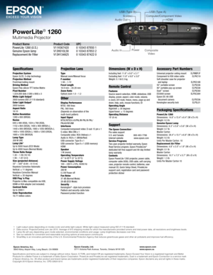 Page 4Specifications and terms are subject to change without notice. Epson, E-TORL and Instant Off are registered trademarks, Epson Exceed Your Vision is a registered logomark and Better 
Products for a Better Future is a trademark of Seiko Epson Corporation. PowerLite and PrivateLine a\
re registered trademarks, Duet is a trademark and Epson Connection is a service mar\
k 
of Epson America, Inc. All other product and brand names are trademarks and/or registered trademarks of their respective companies. Epson...