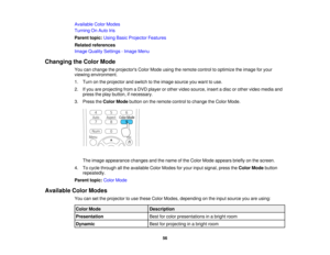 Page 56

Available
ColorModes
 Turning
OnAuto Iris
 Parent
topic:UsingBasicProjector Features
 Related
references
 Image
Quality Settings -Image Menu
 Changing
theColor Mode
 You
canchange theprojectors ColorMode usingtheremote controltooptimize theimage foryour
 viewing
environment.
 1.
Turn onthe projector andswitch tothe image source youwant touse.
 2.
Ifyou areprojecting fromaDVD player orother video source, insertadisc orother video media and
 press
theplay button, ifnecessary.
 3.
Press theColor Mode...