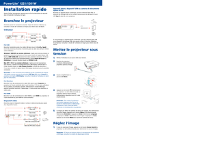 Page 3Installation rapide
Avant d’utiliser le projecteur, assurez-vous de lire les instructions de sécurité 
dans le Guide de l’utilisateur en ligne.
Branchez le projecteur
Choisissez parmi les connexions suivantes. Voyez les sections ci-dessous ou 
consultez le Guide de l’utilisateur en ligne pour obtenir plus de détails.
Ordinateur
Port USB
Branchez l’extrémité carrée d’un câble USB dans le por\
t USB  TypeB 
(carré) du projecteur. Branchez l’extrémité plate du câble dans un port USB de 
votre ordinateur....