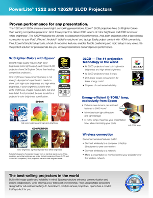 Page 2PowerLite® 1222 and 1262W 3LCD Projectors
The best-selling projectors in the world
Built with image quality and reliability in mind, Epson projectors enhance communication and 
inspire collaboration, while offering a low total cost of ownership. From ultraportable projectors 
designed for educational settings to boardroom-ready business projectors, Epson has a model 
that’s perfect for you.
Proven performance for any presentation.
The 1222 and 1262W always ensure bright, compelling presentations. Epson®...