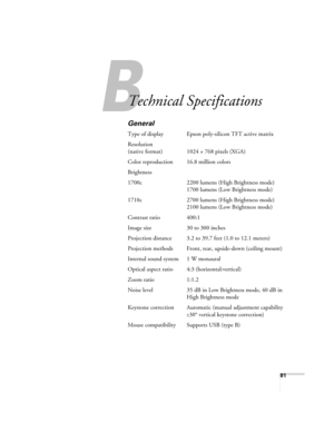 Page 8181
A
Technical Specifications
General
Type of display Epson poly-silicon TFT active matrix
Resolution
(native format) 1024 × 768 pixels (XGA)
Color reproduction 16.8 million colors
Brightness
1700c  2200 lumens (High Brightness mode)
1700 lumens (Low Brightness mode)
1710c  2700 lumens (High Brightness mode)
2100 lumens (Low Brightness mode)
Contrast ratio 400:1
Image size 30 to 300 inches
Projection distance 3.2 to 39.7 feet (1.0 to 12.1 meters)
Projection methods Front, rear, upside-down (ceiling...