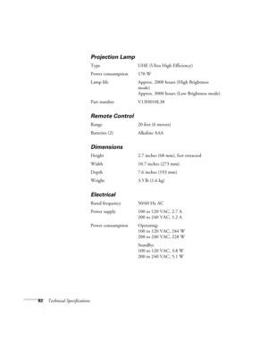 Page 8282Technical Specifications
Projection Lamp
Type UHE (Ultra High Efficiency)
Power consumption 170 W
Lamp life Approx. 2000 hours (High Brightness 
mode)
Approx. 3000 hours (Low Brightness mode)
Part number V13H010L38
Remote Control
Range 20 feet (6 meters)
Batteries (2) Alkaline AAA
Dimensions
Height 2.7 inches (68 mm), feet retracted 
Width 10.7 inches (273 mm)
Depth 7.6 inches (193 mm)
Weight 3.5 lb (1.6 kg)
Electrical
Rated frequency 50/60 Hz AC
Power supply 100 to 120 VAC, 2.7 A
200 to 240 VAC, 1.2...